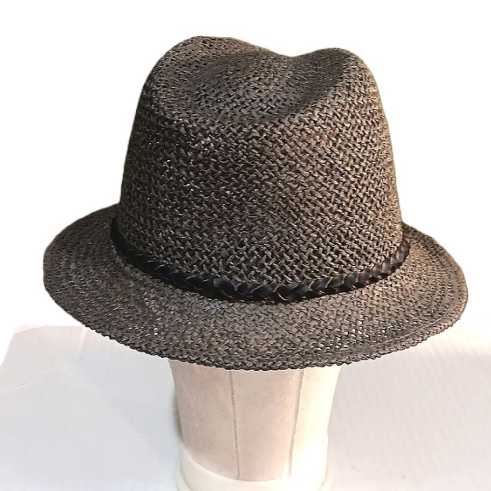 CAPAS HEADWEAR N.Y. STRAW FEDORA. TAUPE w/LEATHER BRAIDED BAND. SIZE L